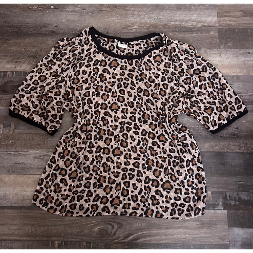 A New Day Leopard Print Short Sleeve Blouse Brown Black Animal Print Top